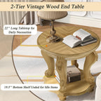 KEIKI Solid Rubber Wood Round Side End Table with Storage Shelf, Traditional Vintage Couch Sofa Bedside Table Night Stand for Living Room Bedroom, Espresso