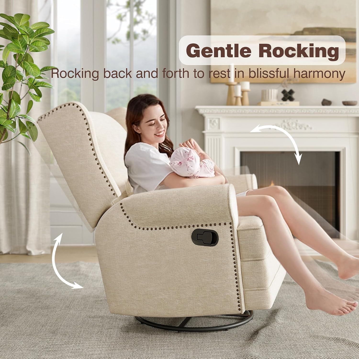 Gecheer Swivel Recliner Chair with Lumbar Pillow and Footrest – Glider Rocking Chair for Nursery, Bedroom or Living Room – Beige Upholstered Swivel Rocker
