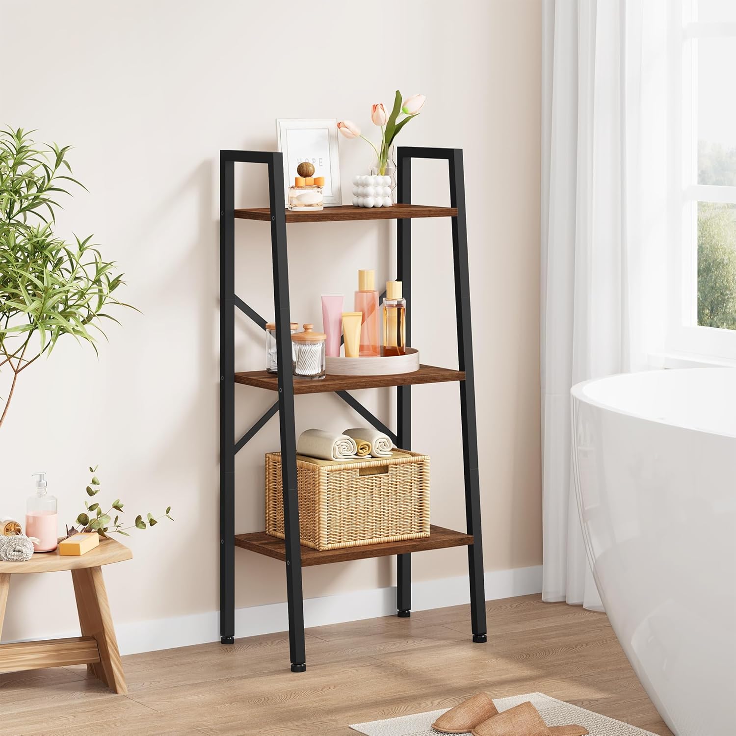 Hoctieon 3-Tier Industrial Ladder Bookshelf, Narrow Ladder Shelf, Tall Standing Bookshelf, Skinny Open Ladder Shelf, for Living Room, Home Office, Kitchen, Bedroom, Metal Frame, Rustic Brown