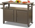 52" Anti-Rust Metal Garden Table for Planting, Planter Bench with Layered Shelves, Outdoor Storage Cabinets with Flexible Wheels for Patio Cooking and Gardening, Brown