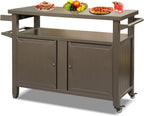 52" Anti-Rust Metal Garden Table for Planting, Planter Bench with Layered Shelves, Outdoor Storage Cabinets with Flexible Wheels for Patio Cooking and Gardening, Brown