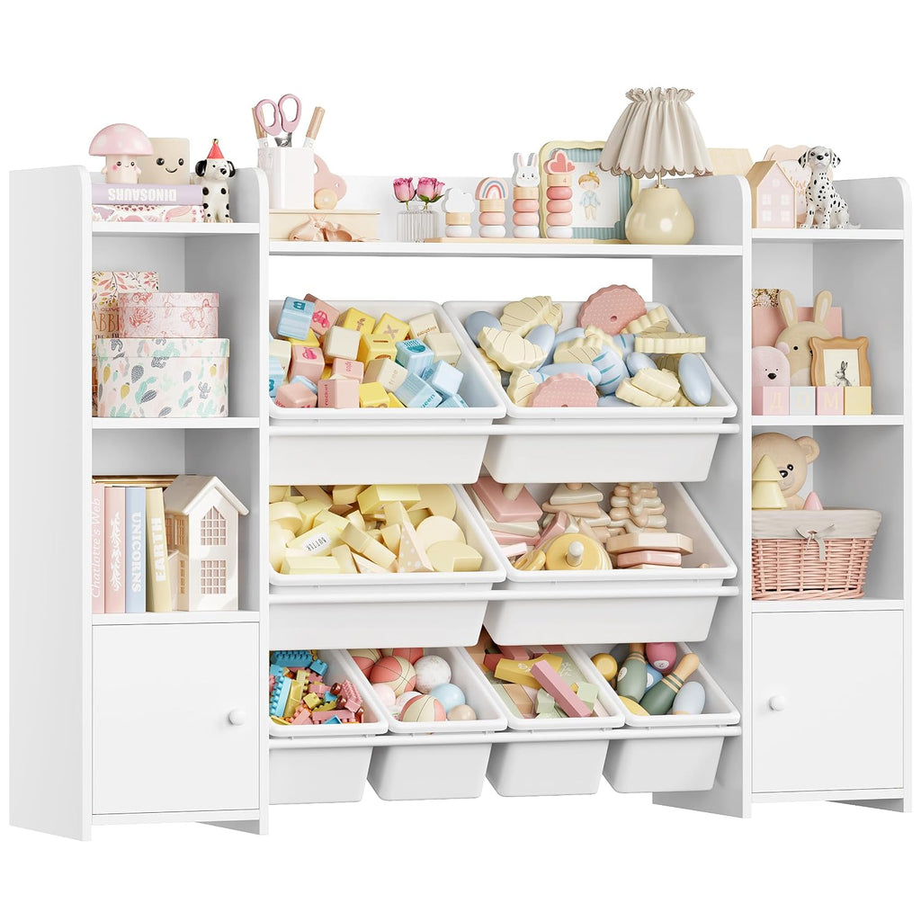 FOTOSOK Toy Storage Organizer with 8 Toy Bins, Toy Organizer Kids Bookshelf with 6 Storage Cubbies, Stuffed Animal Storage Organizer, Playroom Storage and Toy Chest, White