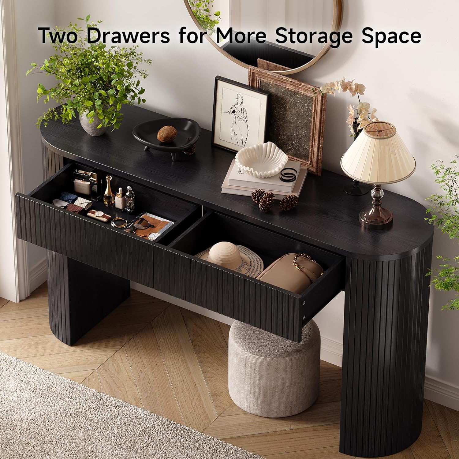 55 Inch Console Table with 2 Drawers, Entryway Tables with Storage,Black | Fluted Sofa Table Behind The Couch, Hallway Tables, Mid-Century Modern Foyer Table for Entryway, Hallway, Living Room