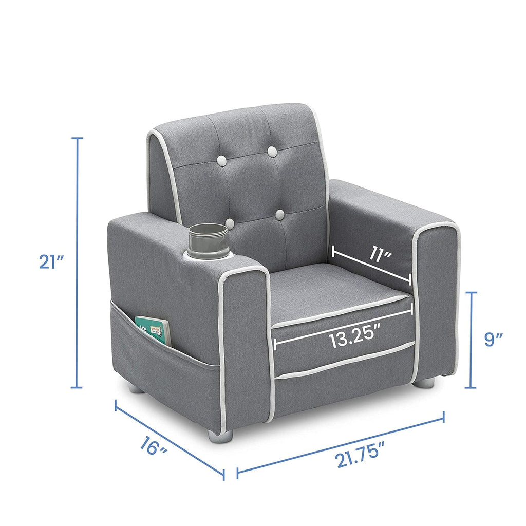 Delta Children Chelsea Kids Upholstered Chair with Cup Holder, Soft Grey