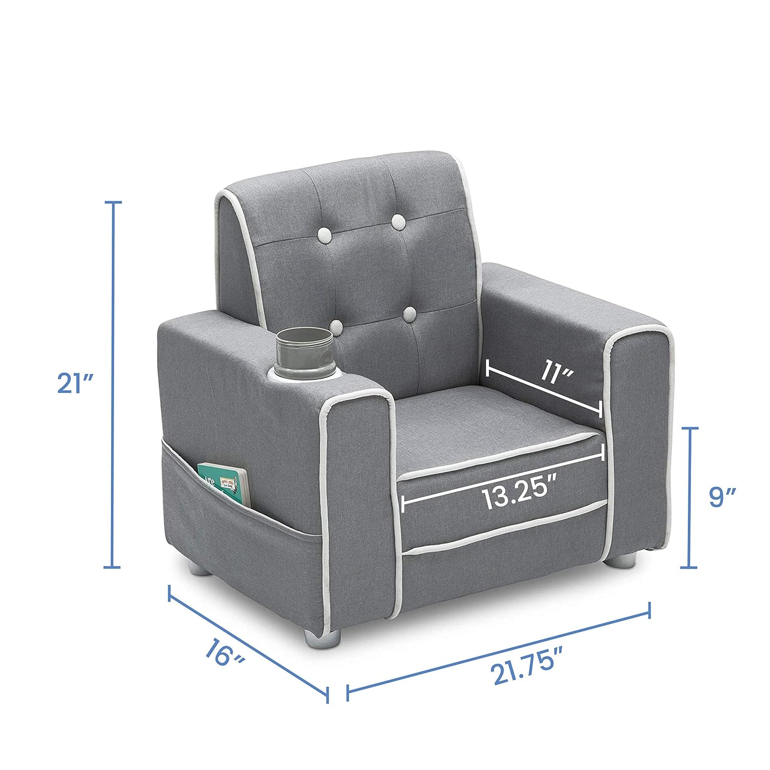 Delta Children Chelsea Kids Upholstered Chair with Cup Holder, Soft Grey