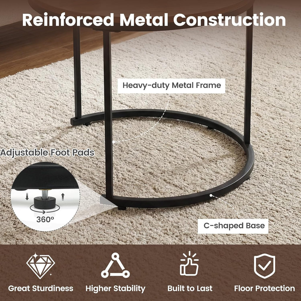 GOFLAME Nesting Coffee Tables Set of 2, Stacking Round Center Table with Wooden Tabletop & Powder Coated Steel Frame, Living Room Coffee End Table Set for Apartment, Bedroom (Brown & Black)