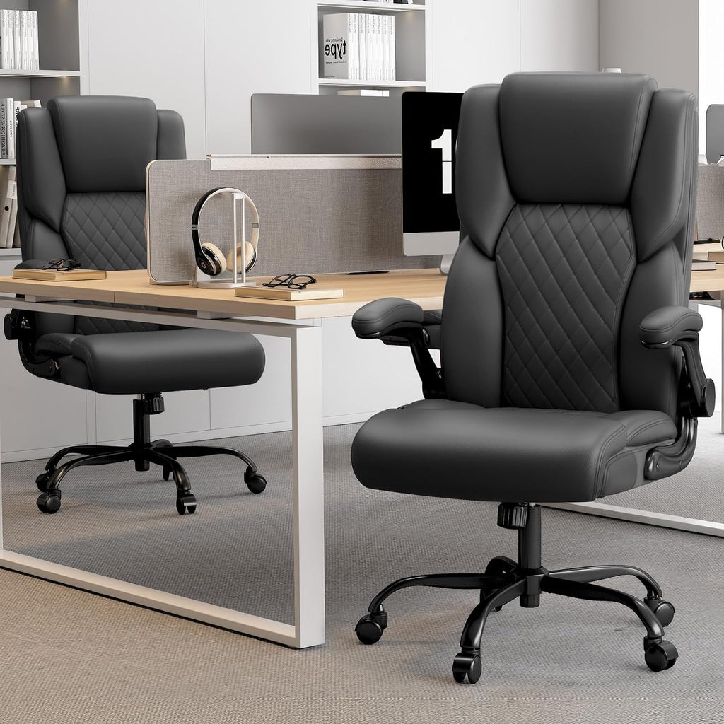 Office Chair,Big and Tall Office Chair,Home Desk Computer Chair, Executive Leather Computer Chair with Lumbar Support& Flip-Up Arms, Rocking Function Swivel Chair for Home Office,Black