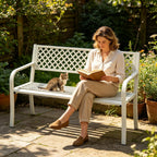 Heavy Duty White Metal Patio Garden Bench for 2 – 50" Wide, 790 lbs Capacity – Weather Resistant – Geometric Backrest & Slatted Seat – Porch, Deck, Entryway, Backyard Seating – White