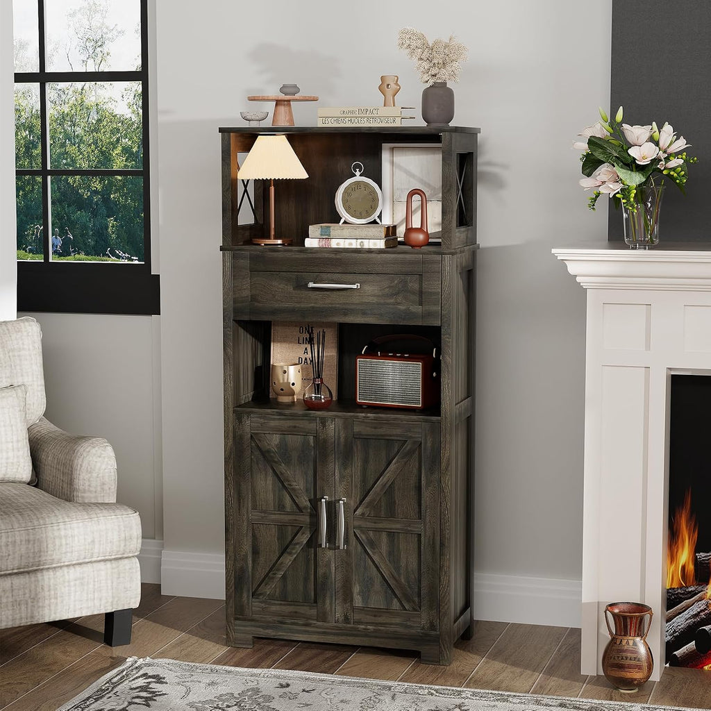 kepptory 55" Tall Kitchen Pantry, Farmhouse Storage Cabinet with Doors, Shelves and Drawer, Rustic Wood Cupboard for Kitchen, Dining Room