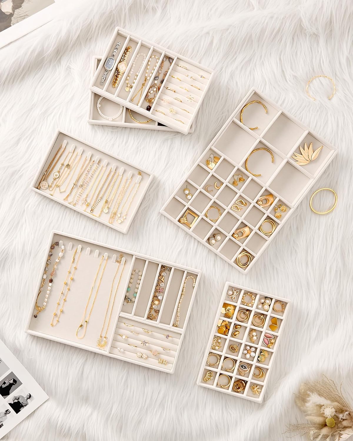 Lolalet Jewelry Drawer Organizer Inserts, Stackable Velvet Tray Jewelry Storage Organizers Set Display Cases for Necklaces Bracelets Earrings Rings Chains Bangles Watches, Beige, Set of 4