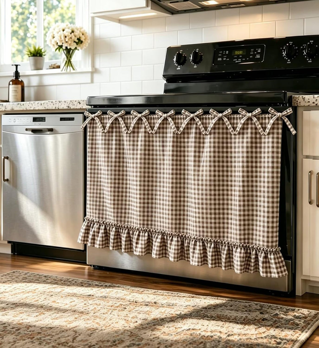 Handmade Farmhouse Hidden Skirt Curtain, Tie Top Heat‑Resistant Kitchen Curtain with Ruffles & Ribbon Ties for Oven, Stove & Dishwasher, Rustic Kitchen Décor (Brown, 22" W x 28" L)