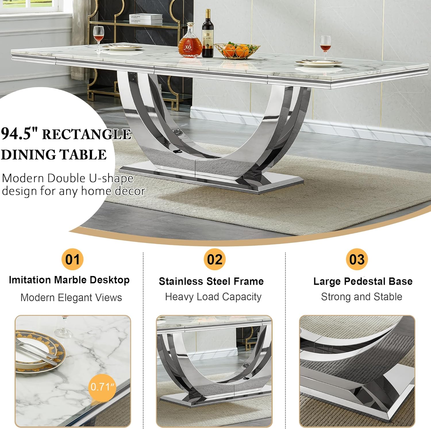 94.5" Large Dining Table for 10-12 People, Modern White Rectangle Kitchen Dinner Table w/Faux Marble Top&Silver Steel U-Base, Extral Long Dining Room Tables for Kitchen Living Room