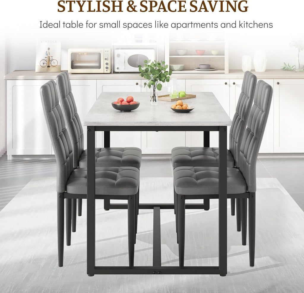Dining Table Set for 4, PVC Faux Marble Kitchen Table Chairs Set of 4 with Upholstered PU Leather, Easy to Maintain, Sturdy and Scratch-Resistant, Space-Saving Dining Room Set