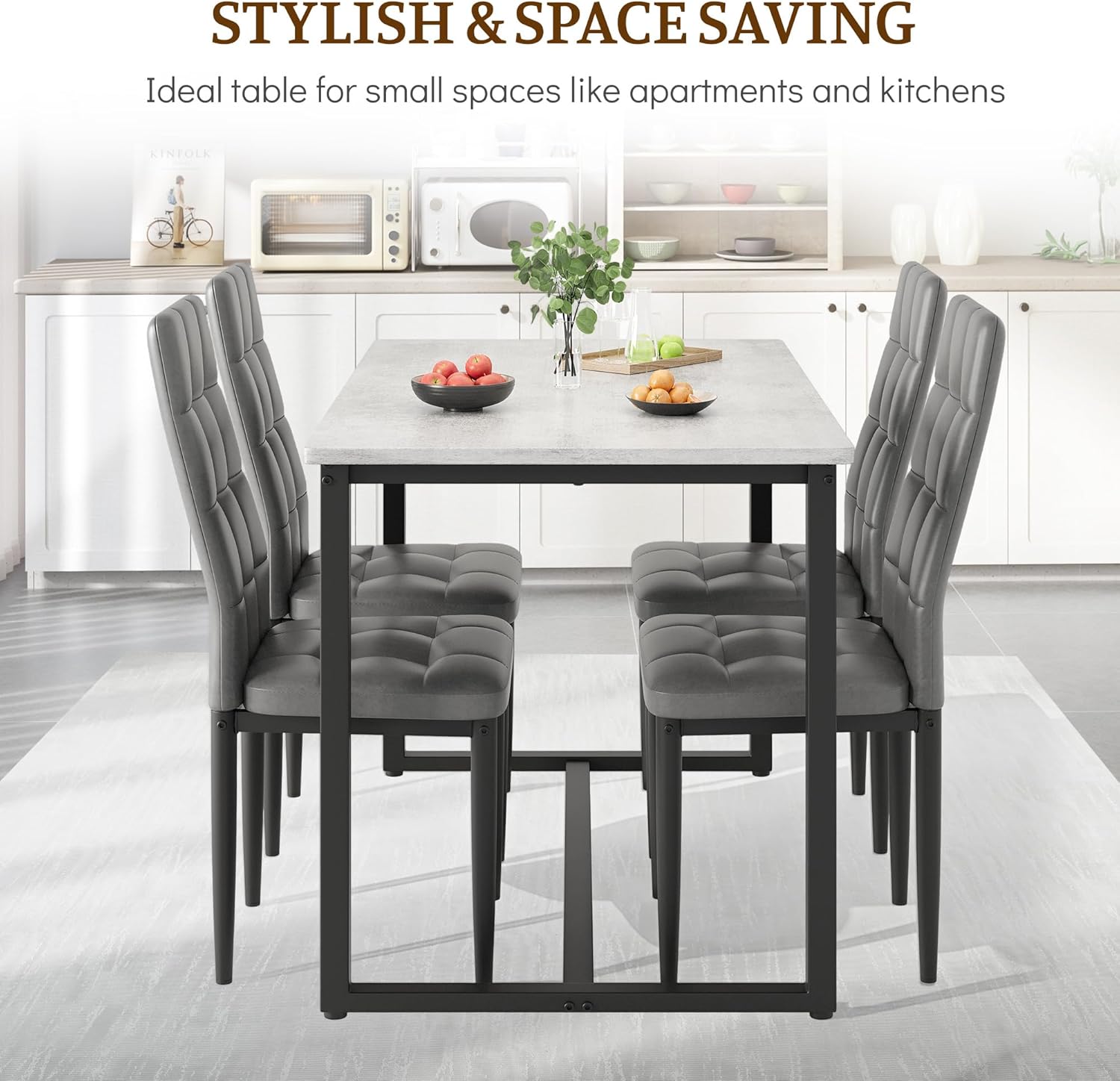 Dining Table Set for 4, PVC Faux Marble Kitchen Table Chairs Set of 4 with Upholstered PU Leather, Easy to Maintain, Sturdy and Scratch-Resistant, Space-Saving Dining Room Set