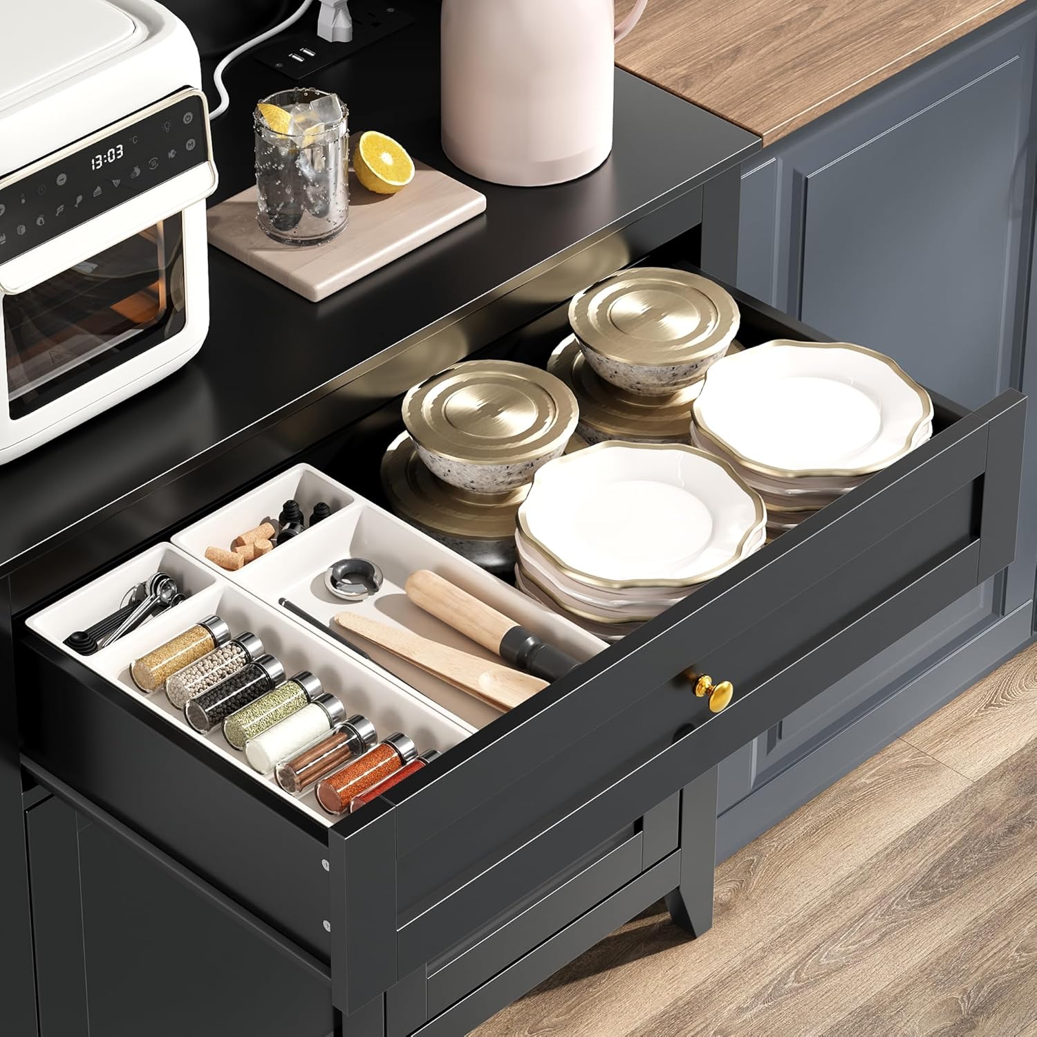 Garvee Pantry Cabinet with 4 Hooks, Kitchen Pantry Cabinet, Coffee Bar Table with Drawer & Adjustable Shelves, Black