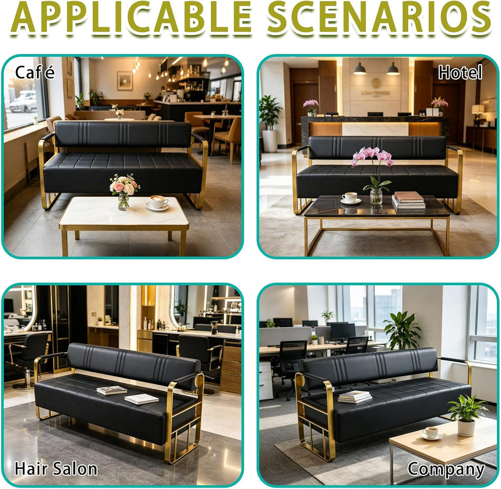 Waiting Room Bench with Backrest, Faux Leather Upholstered Reception Bench & Stainless Steel Frame - for Hair Salons, Offices, and Hotels