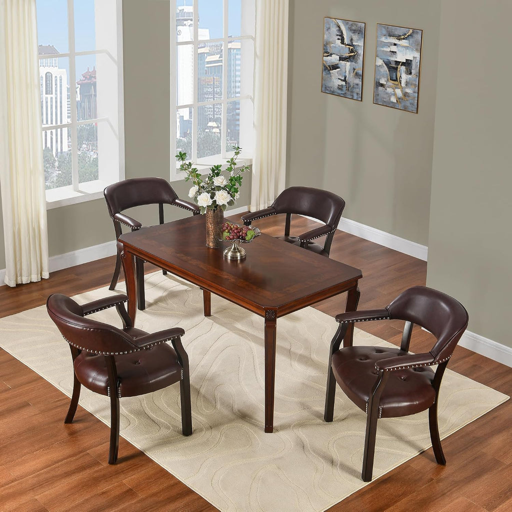 LEEMTORIG Set of 8 Faux Leather Dining Chairs with Arms, Supportive Back, Espresso Legs & Dark Wine Red PU CY-NX173-318WR