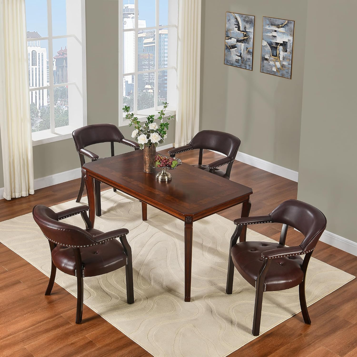 LEEMTORIG Set of 8 Faux Leather Dining Chairs with Arms, Supportive Back, Espresso Legs & Dark Wine Red PU CY-NX173-318WR