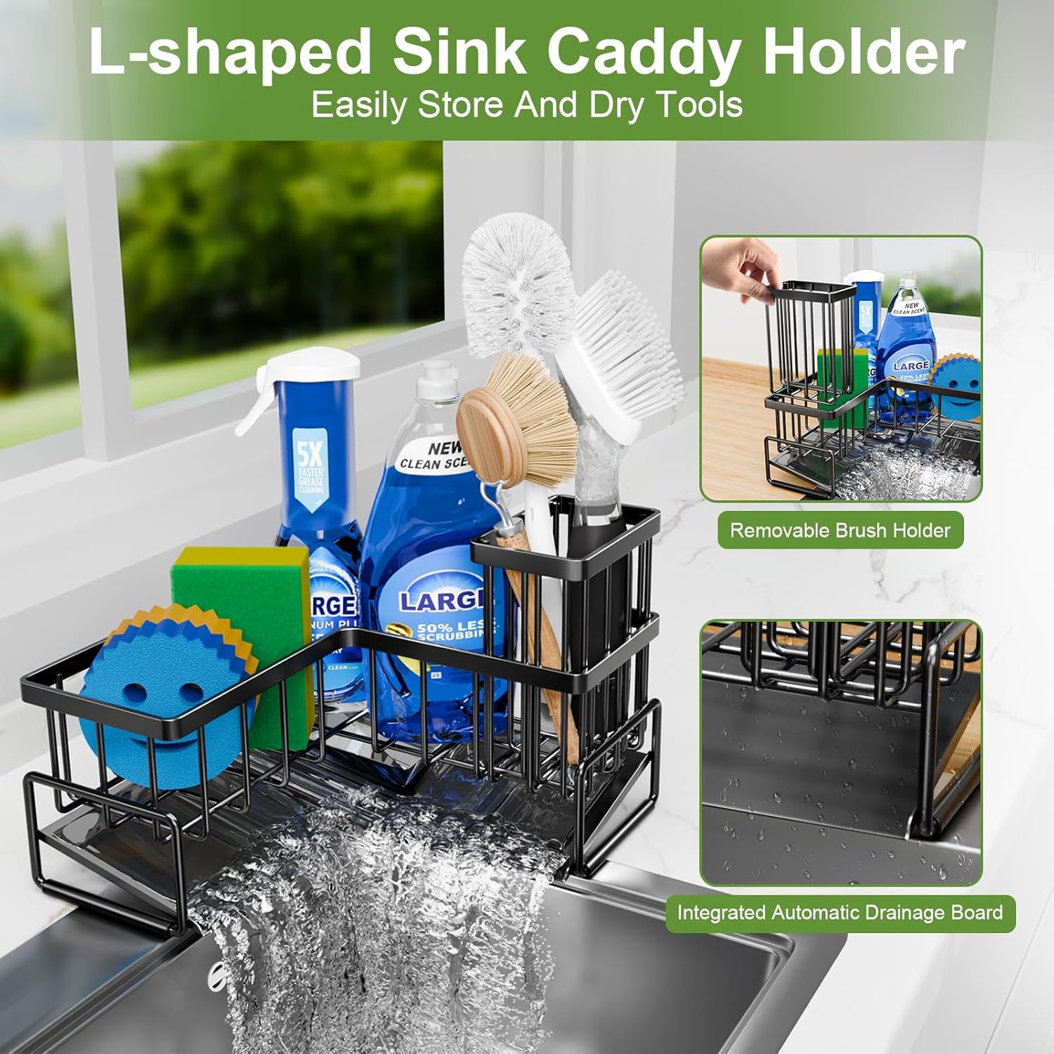Fikoksol Large Sponge Holder for Kitchen Sink, 90-Degree Sink Caddy Organizer with Dish Brush Holder for Countertop Corner Storage Rack, Metal L-Shaped Kitchen Sink Sponge Soap Organizer Storage Ideas