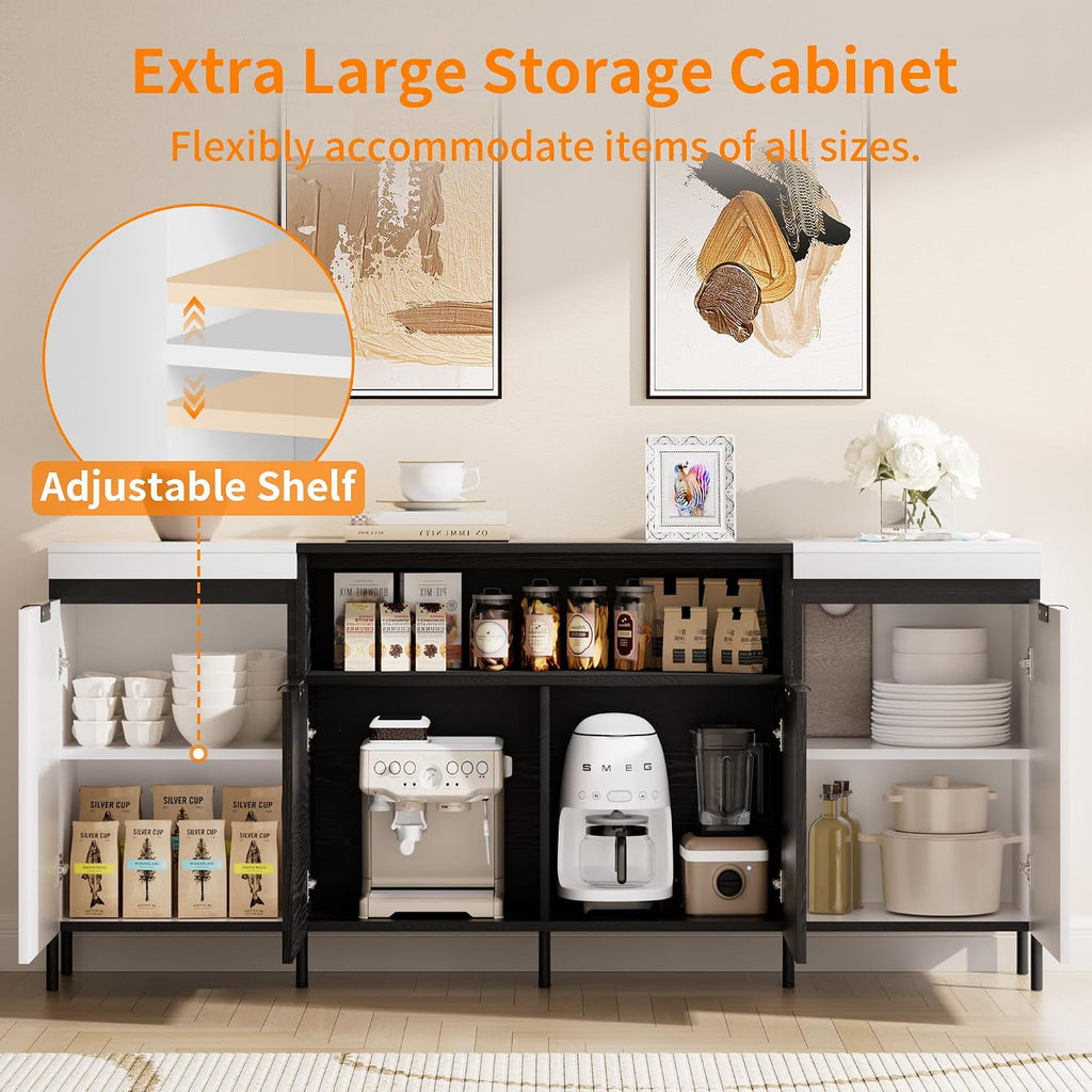 80'' Buffet Sideboard with Storage Farmhouse with 4 Doors, Large Kitchen Storage Cabinet Wood Coffee Bar Cabinet Buffet Table with Open Shelf for Kitchen, Dining Room, Entryway, Black & White