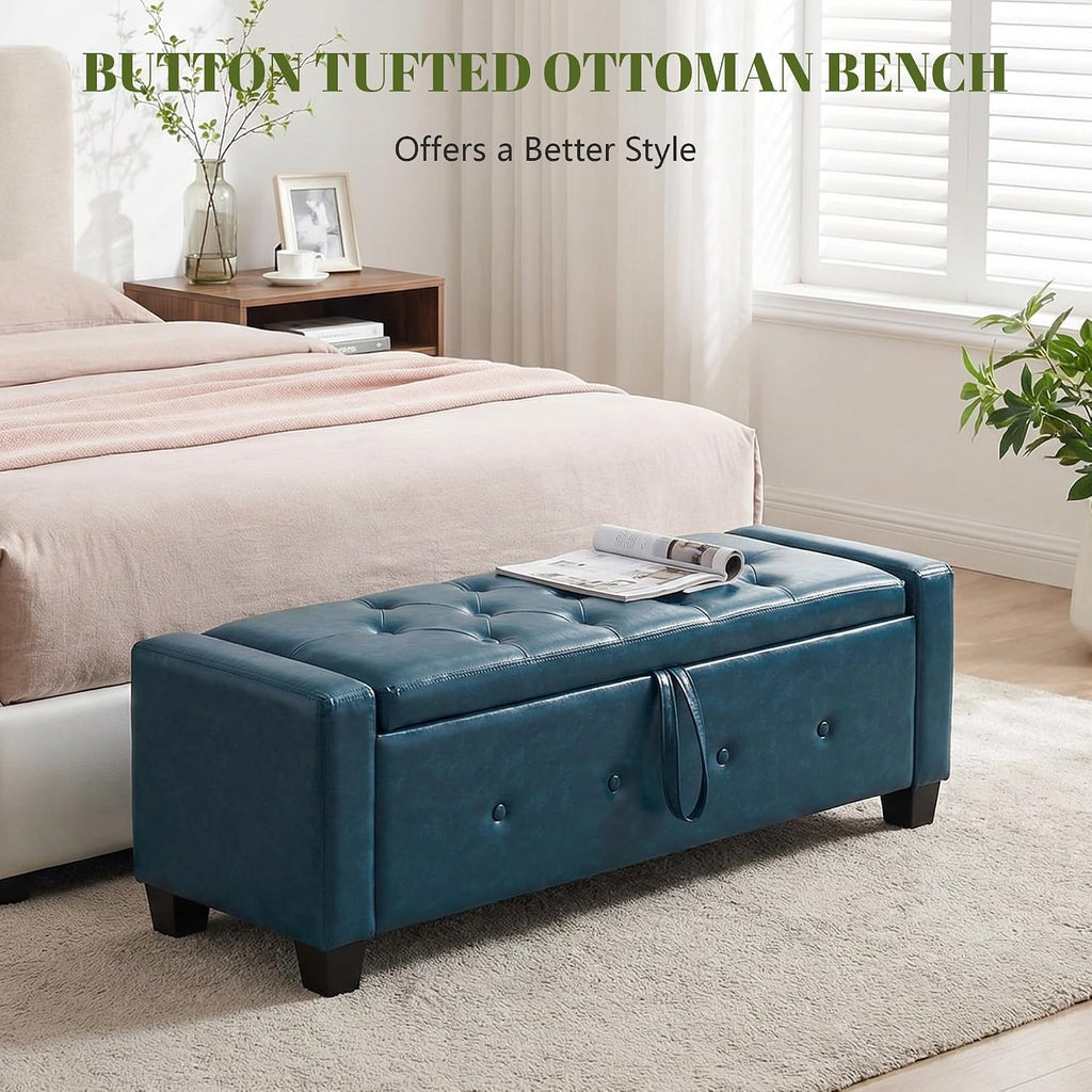 48" PU Leather Storage Ottoman Benches for Bedroom,Tufted Ottomans with Storage for Living Room,Mid Century Modern Bench with Seating for Entryway,Window,Bedside (PU Blue, 48 inch)