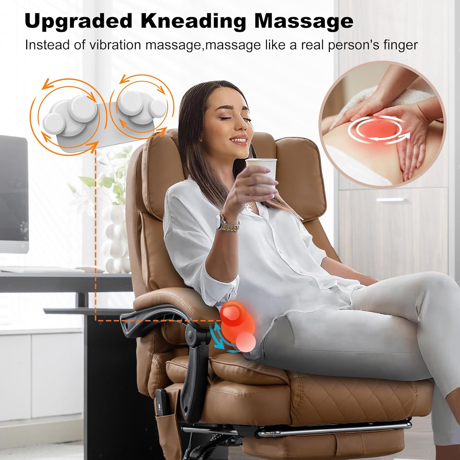 Kneading Massage Executive Office Chair with Heated,90-135° Reclining Office Chair with Footrest,Computer Desk Chair with Wheels,Diamond-Stitched Cushion Leather Office Chair (Brown)