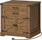 RALGEND Farmhouse End Table with Charging Station, 24'' Sofa Side Table with 2 Drawers and Barn Door, Large Rustic Wooden Square Nightstand for Bedroom, Living Room, Walnut