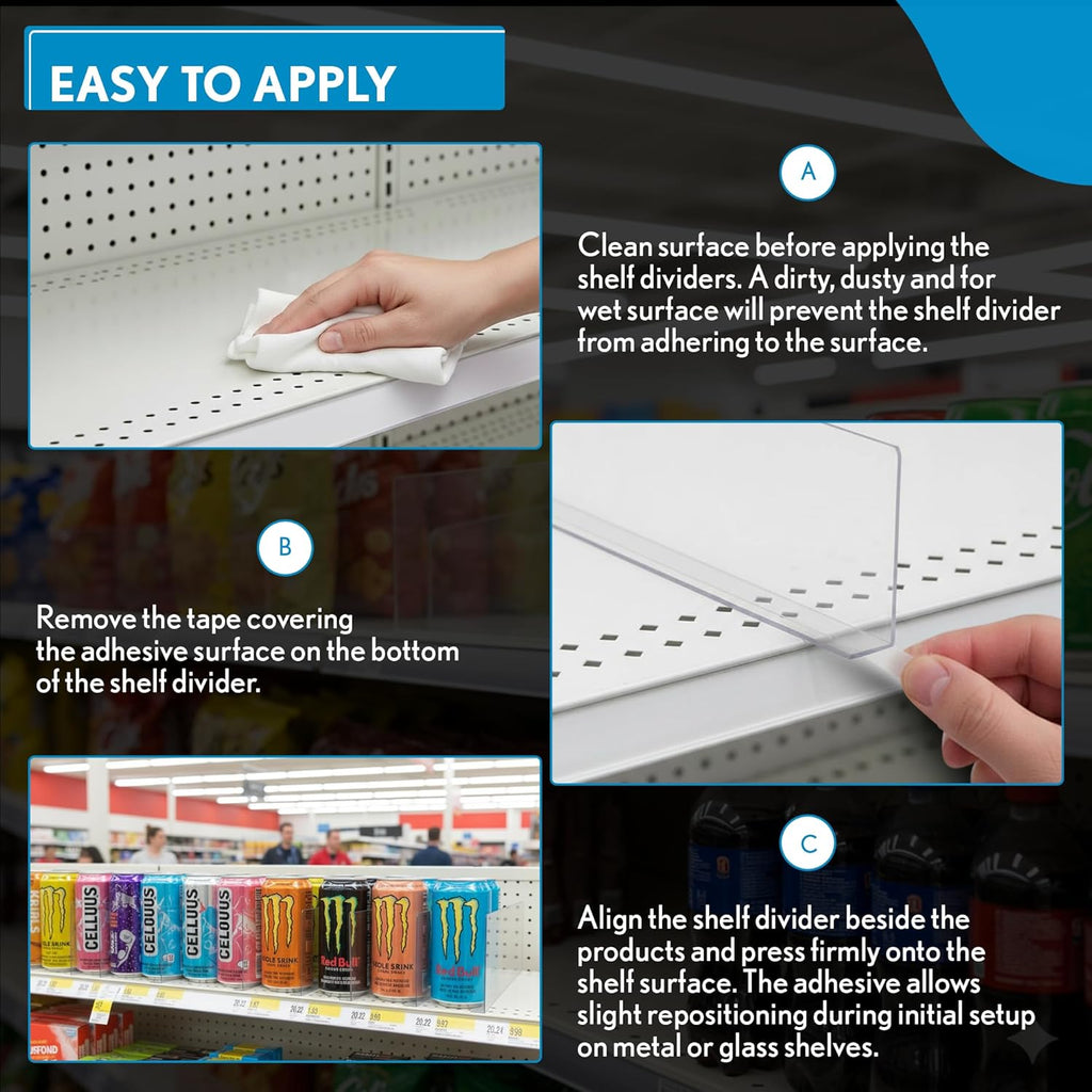 Shelf Dividers, 50 Pack, Self Adhesive, 3” H x 9.5” L Shelf Separators for Retail Shelving, Pantry & Closet Organization, Easy Stick 20 Mil Clear PVC, Product Display Dividers, Clip Strip Corp
