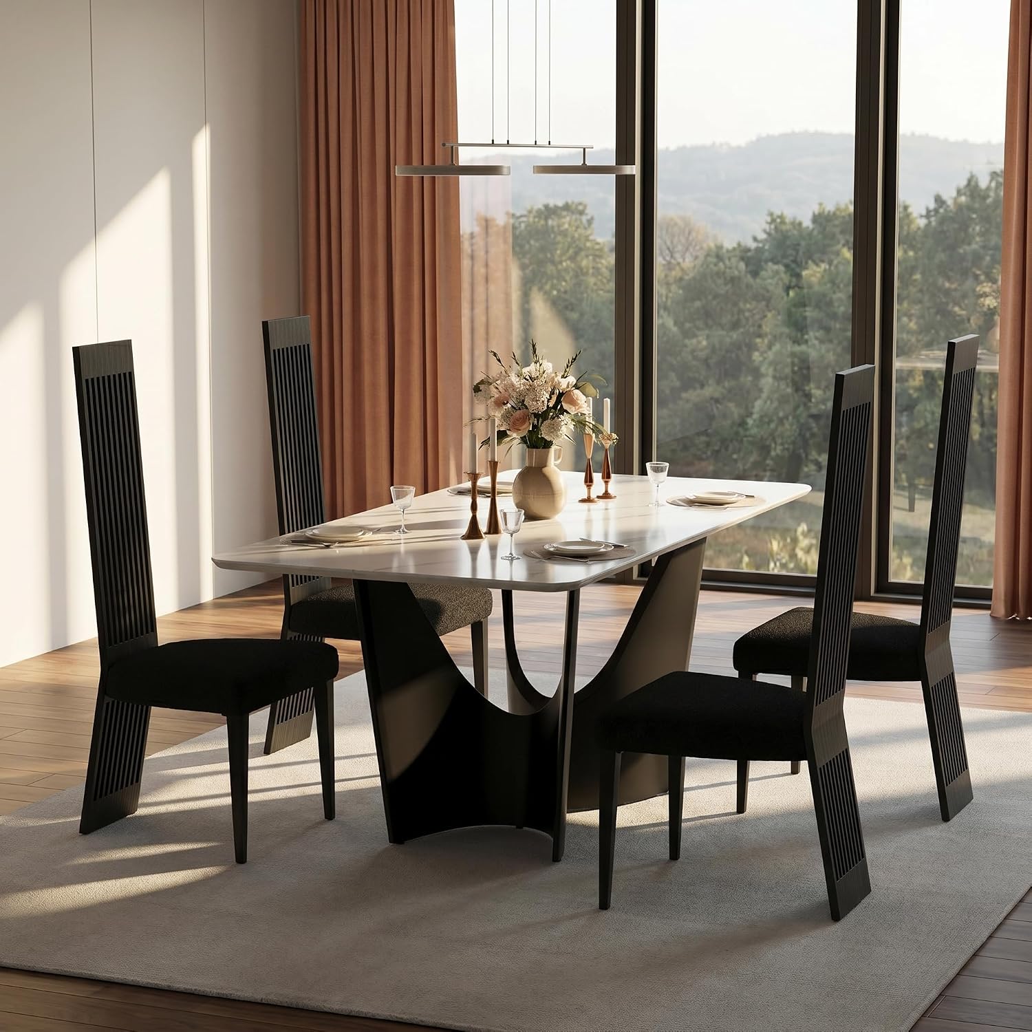 Black Dining Chair Set of 2, Modern Boucle High Back Upholstered Kitchen Chairs with Black Metal Legs for Dining Room Kitchen Living Room