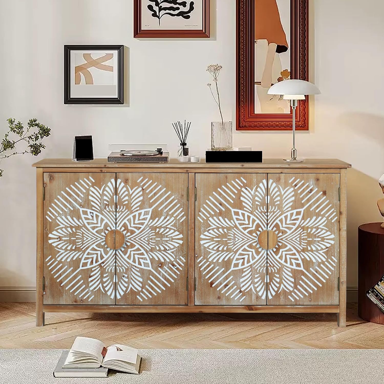 Vintage Rustic Accent Cabinet with 4 Doors, Modern Pantry Cabinet, for Entryway Living Dining Room Bedroom,for Kitchen Home