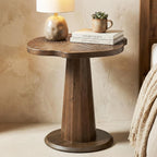 Solid Wood End Table, 20.87" Small Round Pedestal Side Table with Tree-Ring Patterns, Conical Base with Line Design for Living Room, Bedroom and Small Spaces