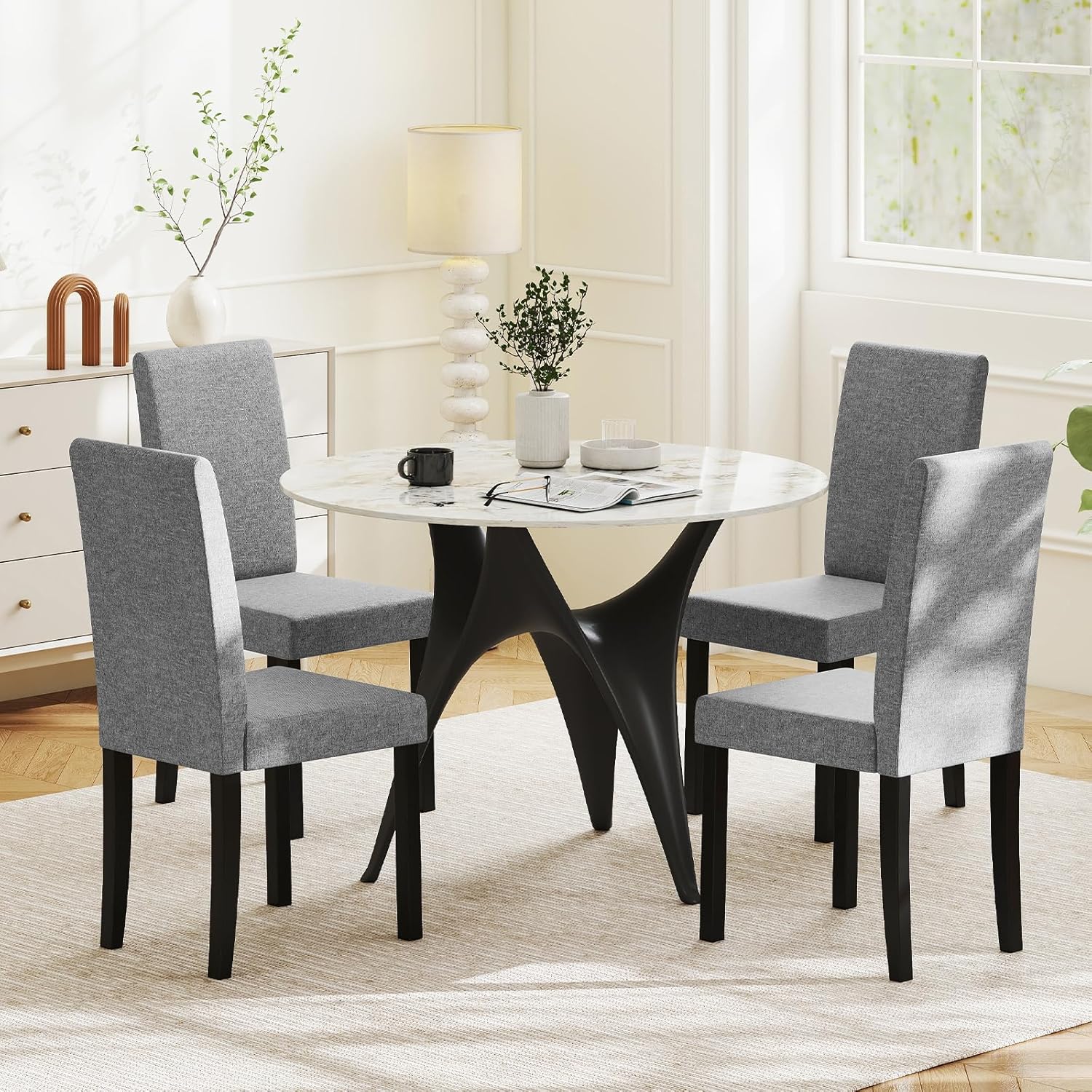 Giantex Upholstered Dining Chair Set of 2, Mid Century Modern Fabric Kitchen Chairs with Rubber Wood Legs, Thick Padded Seat, High Back, Side Armless Chairs for Living Dining Room (Gray)