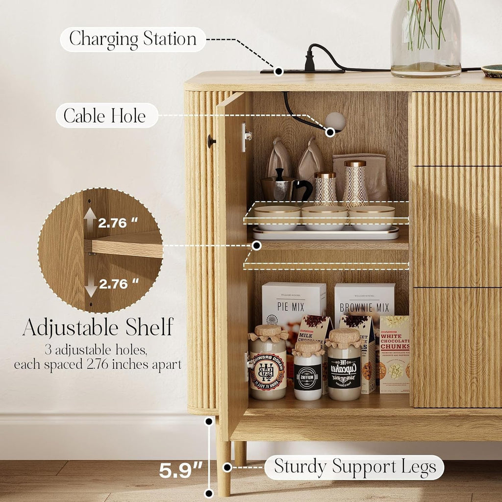 59" Buffet Cabinet with Drawers, Large Fluted Sideboard Buffet Storage Cabinet with Charging Station, Shelves and Doors, Modern Accent Coffee Bar Console Table for Kitchen, Entryway and Living Room