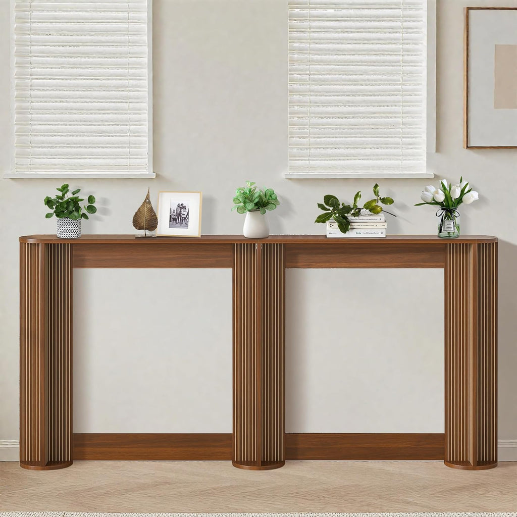 71 Inch Narrow Console Table Behind Couch, Mid-Century Modern Fluted Skinny Entryway Table, Long Slim Sofa Table for Hallway, Living Room, Wood, Brown, Walnut