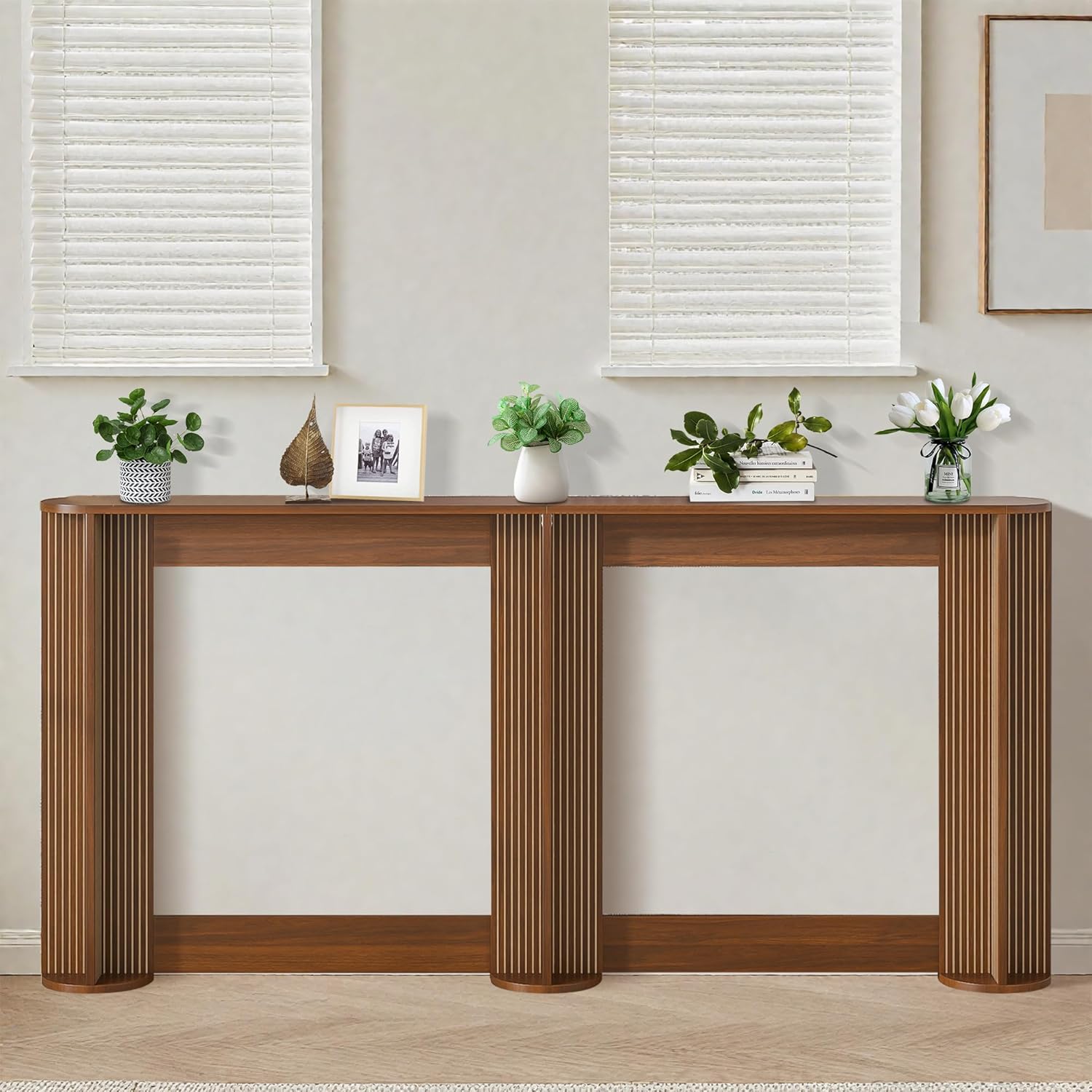 71 Inch Narrow Console Table Behind Couch, Mid-Century Modern Fluted Skinny Entryway Table, Long Slim Sofa Table for Hallway, Living Room, Wood, Brown, Walnut