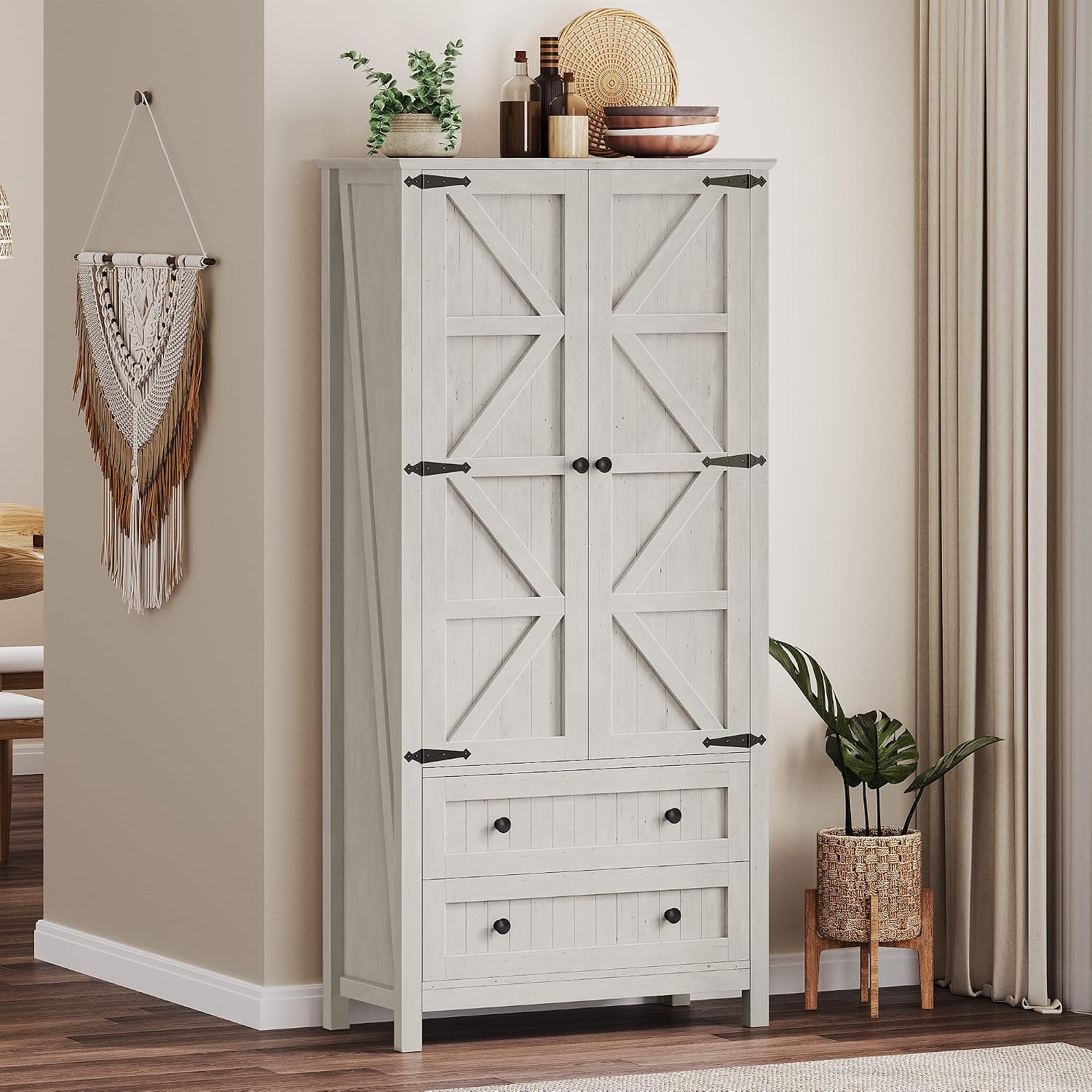 YITAHOME 64.5" Tall Kitchen Pantry Cabinet, Farmhouse Pantry Storage Cabinet with 2 Drawers & Adjustable Shelves, Ideal for Living Room, Kitchen or Hallway, White
