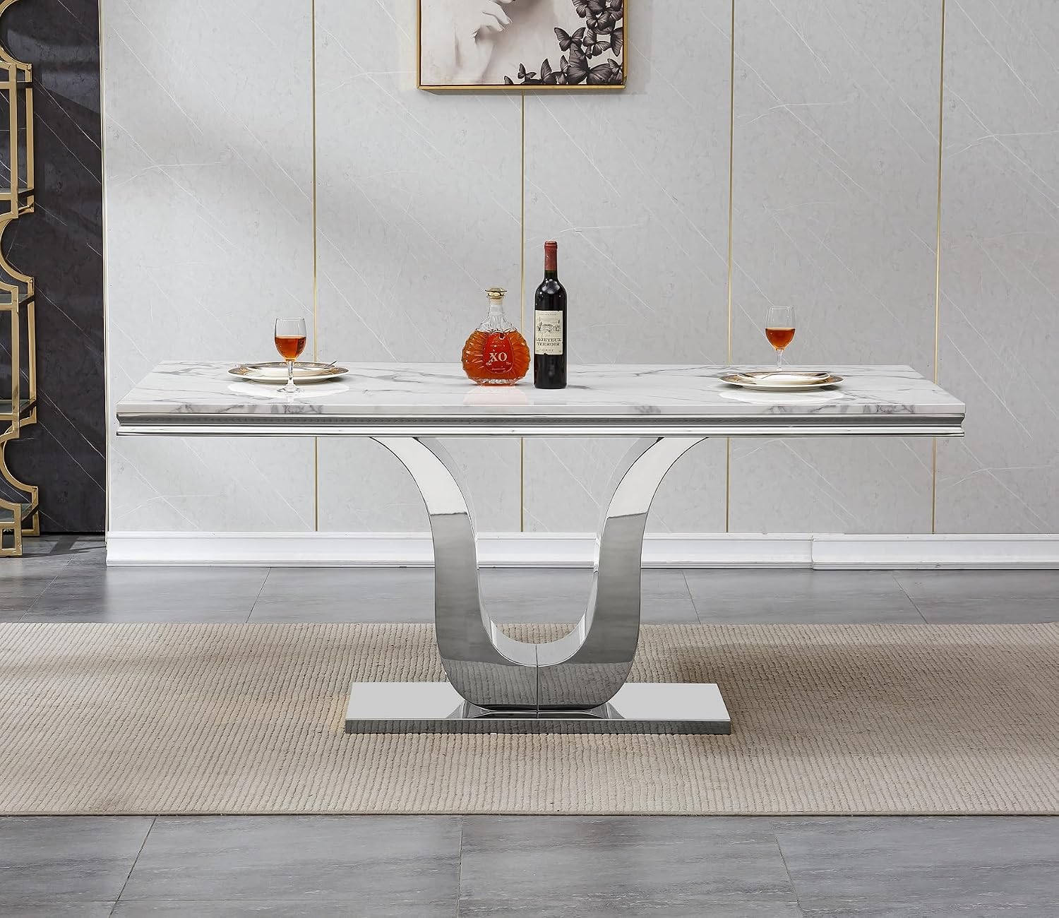 Modern White Dining Table for 6, U-Shape Stainless Steel Base, Marble Dining Room Table for 4-6, 68''L x 34''W Faux Marble Tabletop, Sturdy High Gloss Base, Rectangular Home Kitchen Table