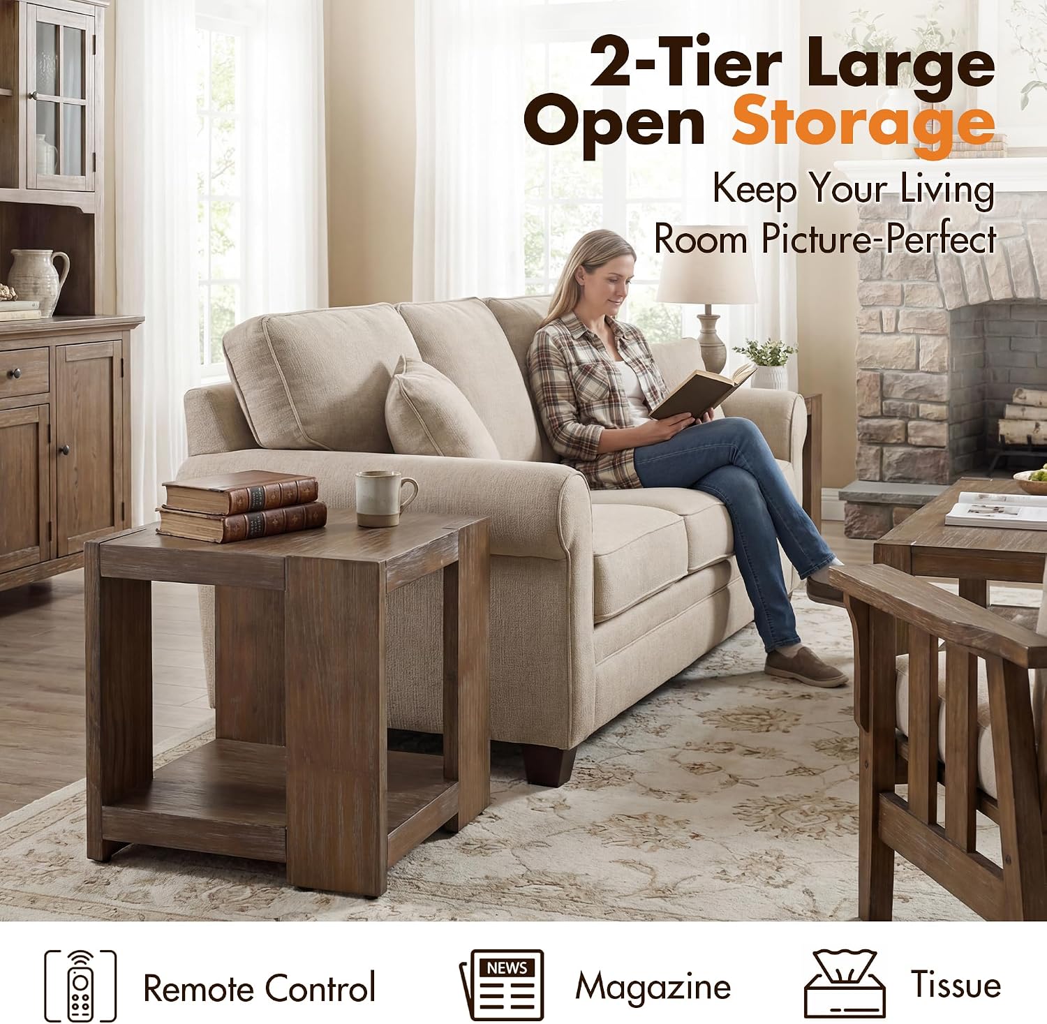 chairus Wood End Table, Nightstand with 2-Layer Storage Shelves, Rectangular Side Table for Sofa/Couch/Bedroom, Brown