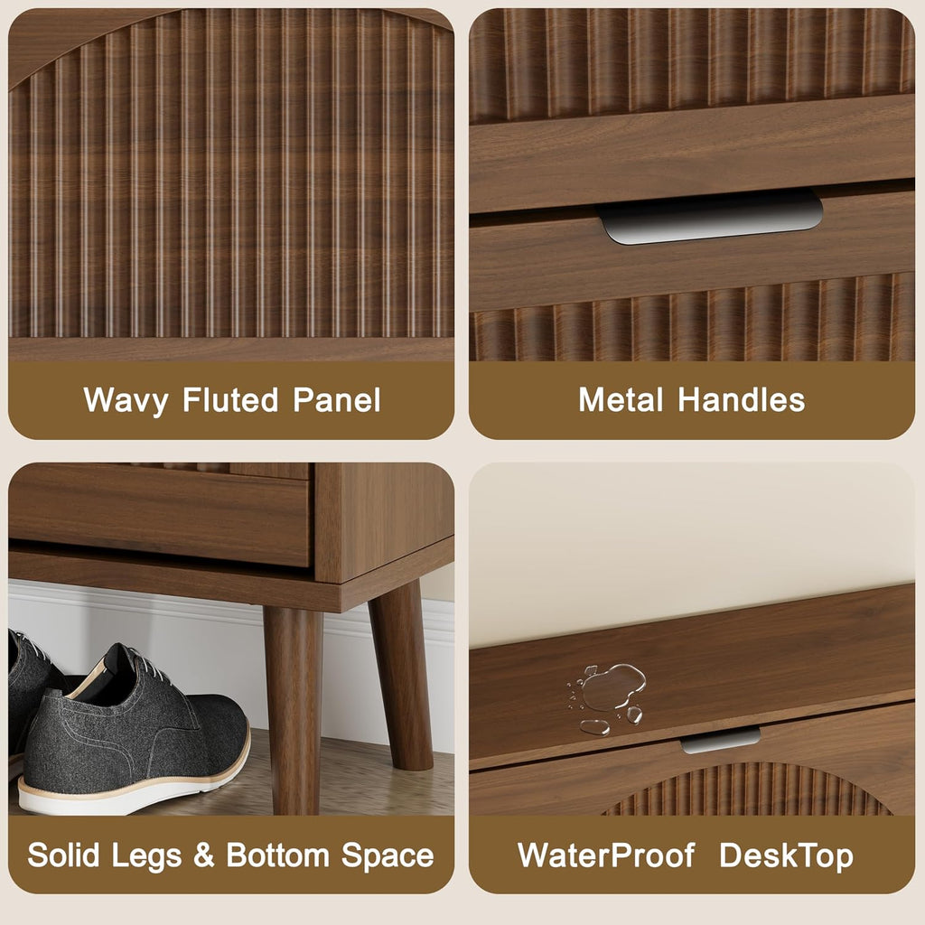 Shoe Storage Cabinet with 2 Flip Drawers, Narrow Wood Shoe Organizer Cabinet with Fluted Panel, Slim Shoe Rack for Entryway, Freestanding Shoe Cabinet for Living Room, Hallway, Walnut