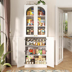 Cyclysio 80" Kitchen Pantry, Tall Arch Storage Cabinet with Tempered Glass & Soft Close Doors, Freestanding Wood Floor Cupboard Bookcase with Seamless Fit Wall for Dining Living Room, Bathroom (White)