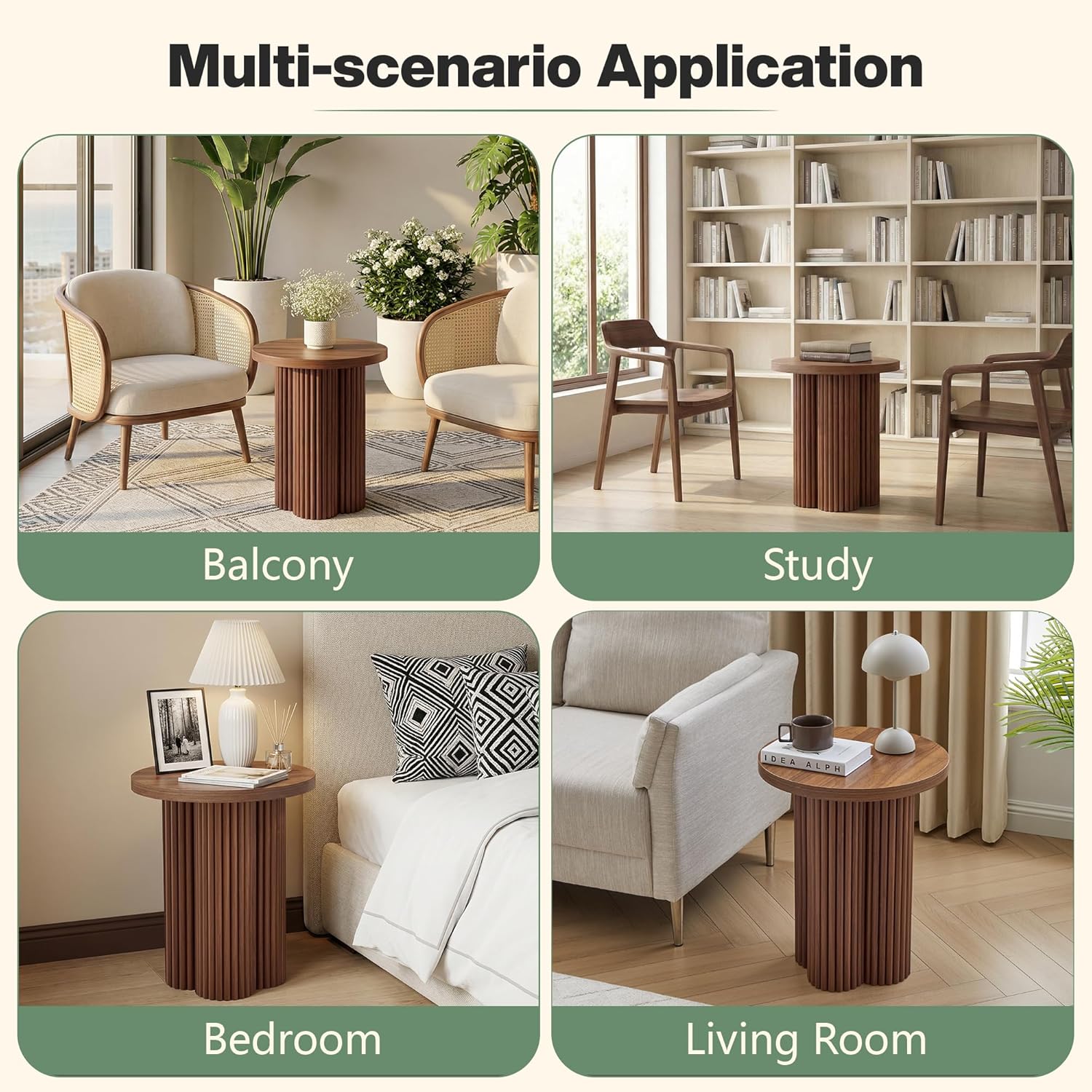Round Fluted End Table, 17.7'' Mid Century Modern Side Table, Circle Bedside Tables Drink Table Wood Nightstand for Small Spaces, Living Room (Walnut-1PCS)