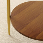 Round End Table, Mid-Century Modern Design, D20*H23 inch, for Living Room, 2-Tier Structure, Amber Glass Top and Walnut MDF Shelf, Sleek Conical Metal Legs with Gold Finish
