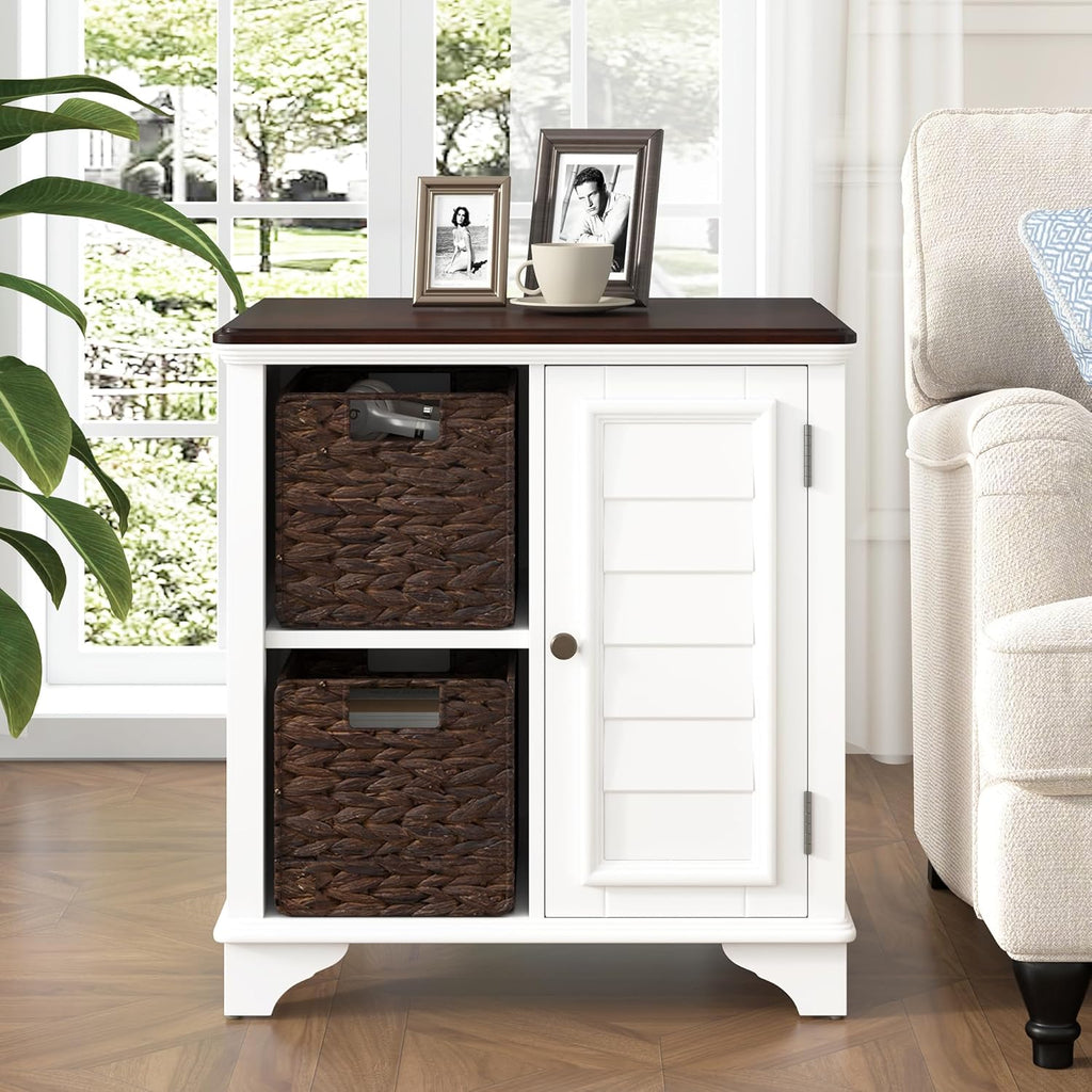 Virubi Farmhouse End Table with Two Handwoven Grass Baskets, American Style Side Table with Shutter Style Storage Cabinet for Living Room (White)