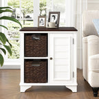 Virubi Farmhouse End Table with Two Handwoven Grass Baskets, American Style Side Table with Shutter Style Storage Cabinet for Living Room (White)