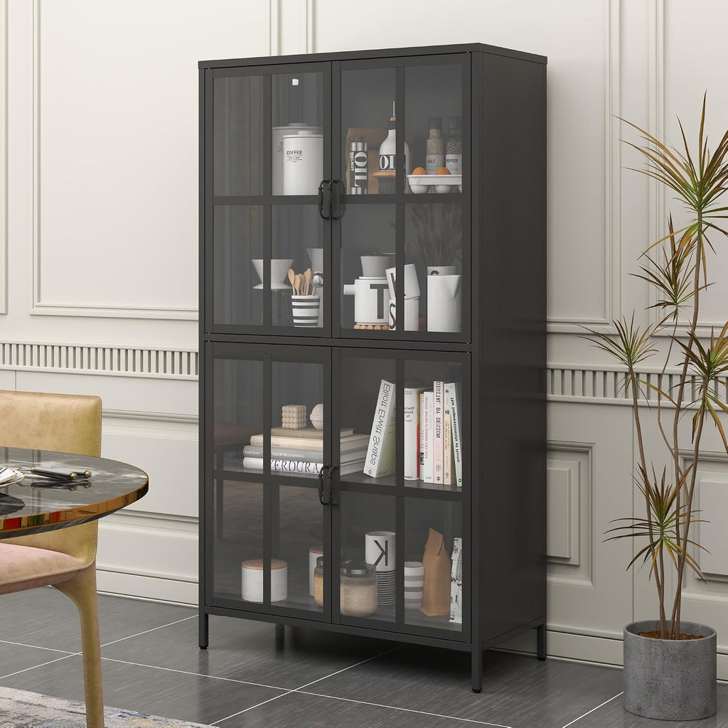 Metal Sideboard Buffet Cabinet with Storage, H63 Tall Kitchen Cabinet with 4 Tempered Doors and Shelf, Steel Coffee Bar Storage Cabinet for Kitchen Dining Living Room