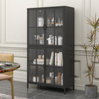 Metal Sideboard Buffet Cabinet with Storage, H63 Tall Kitchen Cabinet with 4 Tempered Doors and Shelf, Steel Coffee Bar Storage Cabinet for Kitchen Dining Living Room