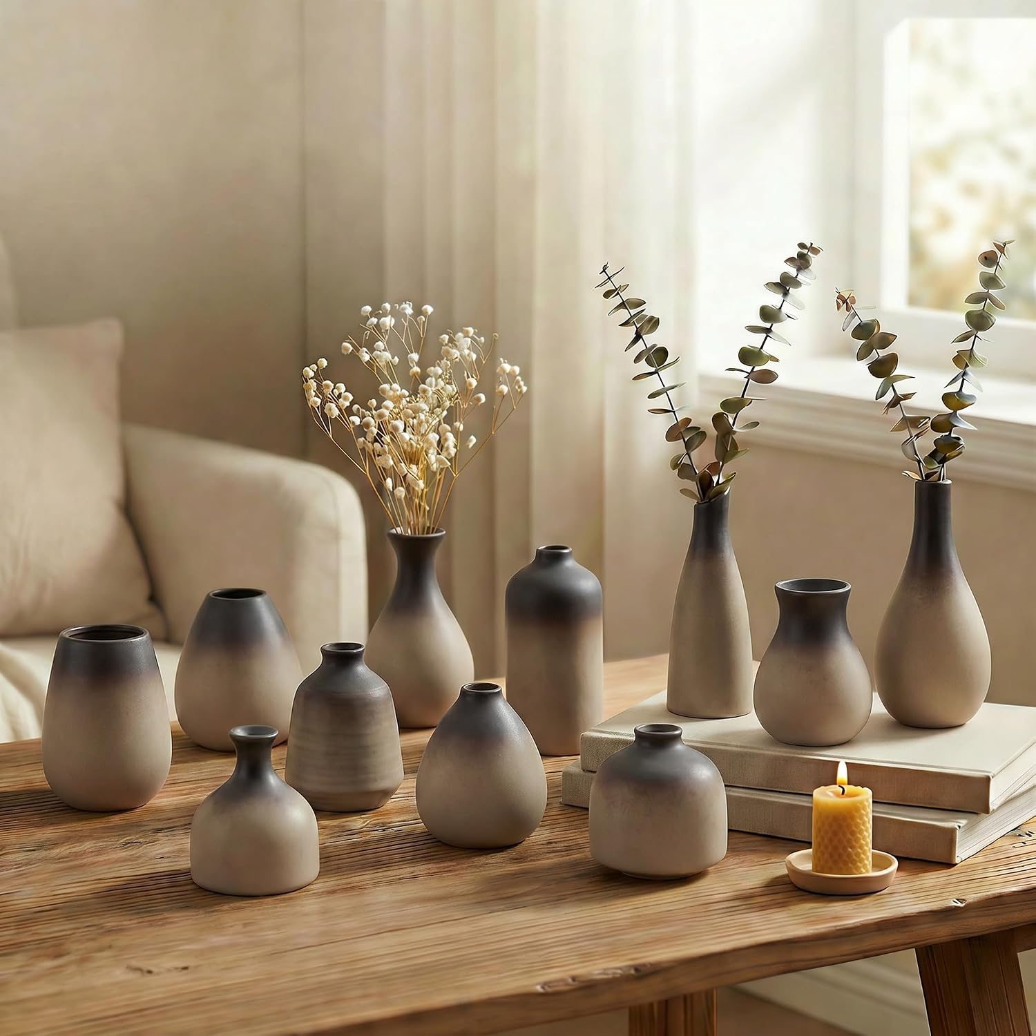 Ceramic Bud Vases, Rustic Small Vase Set of 11, Mini Pottery Vases for Flowers, Modern Farmhouse Home Decor, Clay Vases for Wedding Centerpiece, Shelf and Dinning Table Decoration