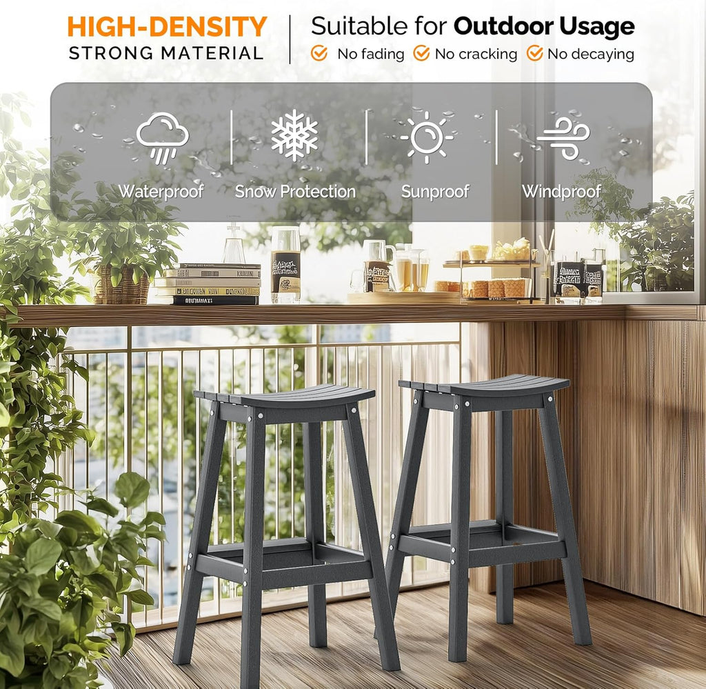 VINGLI 29" Outdoor Bar Stools Set of 2, HDPE Poly Lumber Bar Chairs with Footrest, Weather Resistant Patio Barstools for Bar, Kitchen Counter, Yard (Gray, 29 Inch 2 PC)