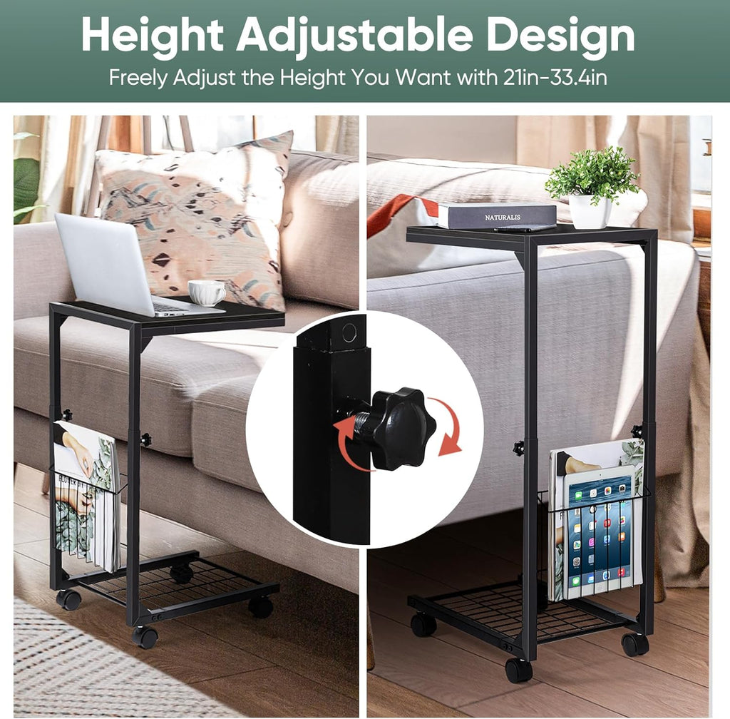 C Shaped End Table Small Side Table with Wheels Slide Under Couch Table for Sofa Adjustable Height C Table with Metal Frame for Living Room Bedroom Bedside, Black