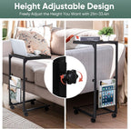 C Shaped End Table Small Side Table with Wheels Slide Under Couch Table for Sofa Adjustable Height C Table with Metal Frame for Living Room Bedroom Bedside, Black